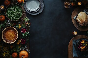 Thanksgiving table setting, autumn food, dark background, copy space, holiday