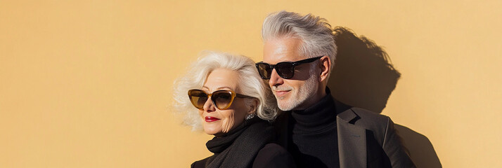 Stylish couple posing against a warm wall backdrop
