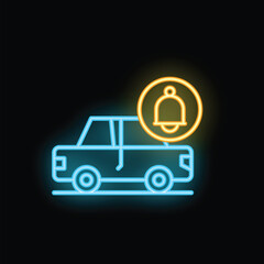 Neon glowing icon of car and notification bell representing car alarm system