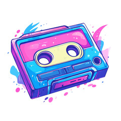 A stylized illustration of a colorful cassette tape set against a vibrant abstract background.