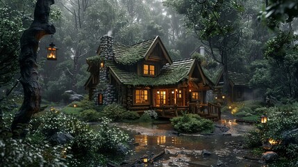 Fototapeta premium Enchanting Log Cabin in a Misty Forest Rain Cozy Cottage Night Lights