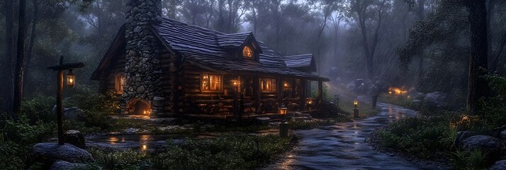 Enchanting Log Cabin in Rain Swept Forest at Night Illuminated by Lanterns