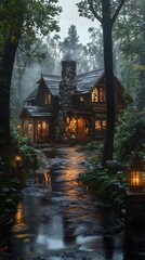 Fototapeta premium Enchanting Stone Timber Cabin in Rain Swept Forest at Night