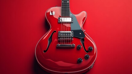 Fototapeta premium Vibrant red guitar, glossy textures, matching red background 