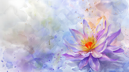 Obraz premium A serene watercolor painting of a purple lotus flower against a soft, abstract background.