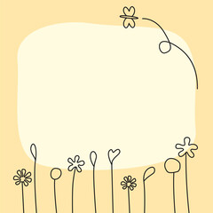 cute flowers doodles and butterfly flying cartoon with beige copy space on pastel yellow background