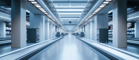 Obraz premium Automated conveyor system with dark cabinets, in a modern facility.