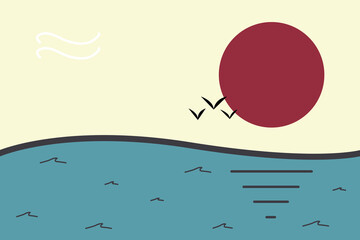 Simple illustration of sunset sky at the sea landscape with birds, red sun, waves and beach in vintage color tone