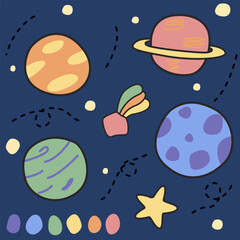 Cute vector space themed cartoon doodled on dark blue background with colorful planets