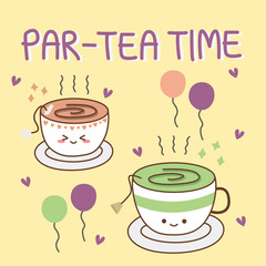 Cute tea cups with quote "Par-tea time", hearts and colorful balloons on pastel yellow background.