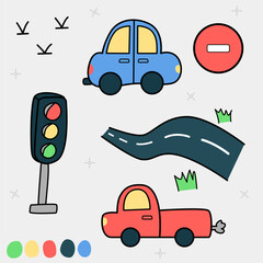Vector doodle set of driving theme with cars, traffic light, road, do not enter sign, birds, and color palette on pale color background.