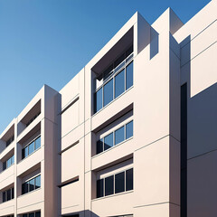 A striking minimalist architectural photograph featuring clean lines and modern design. The image showcases the geometric details of a building facade with sharp contrasts of light and shadow