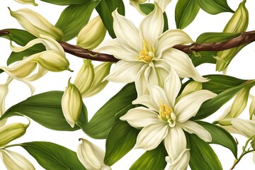 Fototapeta premium vanilla flower with pods and leaves isolated on transparent background