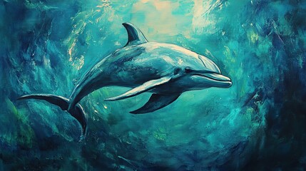 Obraz premium Dolphin ocean painting, underwater, turquoise, art, nature, wildlife, poster, decor