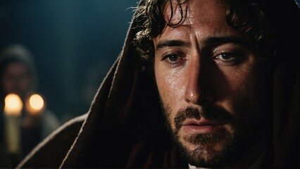 Fototapeta premium Closeup, peter crying after his denial of Christ while looking at Jesus Christ