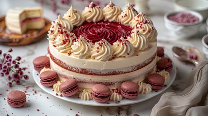 Delicious Red Velvet Cake with Cream Cheese Frosting and Macarons