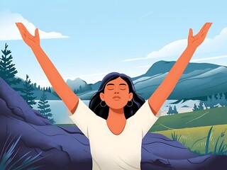 Woman Embraces Nature Scenic Mountain View