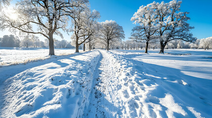 Fototapeta premium Snowy path through winter park, sunlight, trees