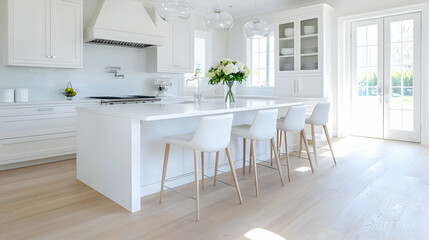 Bright white kitchen island, four chairs, sunny backyard view