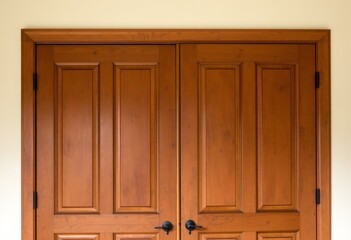 Fototapeta premium Sophisticated double wooden doors with dark handles and a bright wall background
