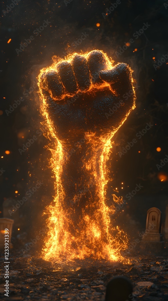 Wall mural ultrarealistic 3d rendering of a raised fist emerging from the ground surrounded by dynamic flames s