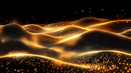 Fototapeta premium Golden particle waves flow on dark background, digital abstract