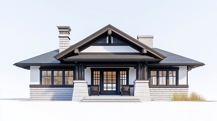 Front View of a Craftsman Style House with a Dark Roof and White Siding and two chimneys