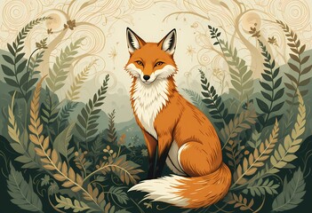 Fototapeta premium Red fox sitting amidst lush ferns and whimsical foliage.