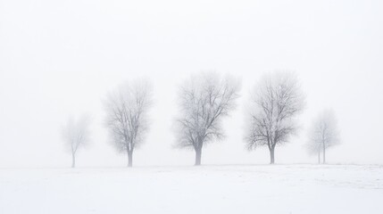 Obraz premium Frosty trees in foggy winter field, serene landscape