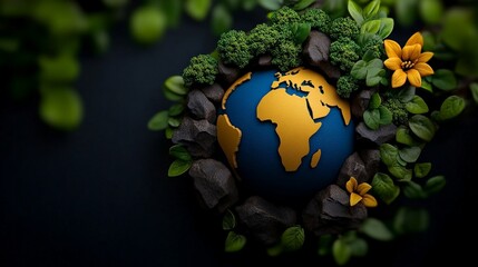 Earth in Bloom: A handcrafted miniature Earth nestled amongst vibrant green foliage and dark rocks, symbolizing environmental conservation and the beauty of our planet.