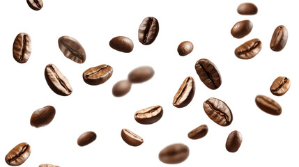 coffee beans falling isolated on white background 