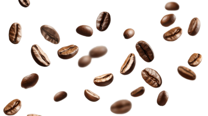 coffee beans falling isolated on white background 
