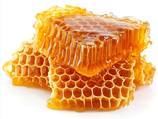Crystal-clear shot of honeycomb oozing honey, isolated on a white backdrop, designed for marketing.