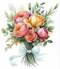 Fototapeta premium bouquet pink roses watercolor painting effect hand drawn white clean background