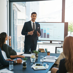 Businessman, meeting and presentation with screen or statistics for corporate development, briefing or conference at office. Man, speaker or presenter talking with chart or team for company growth
