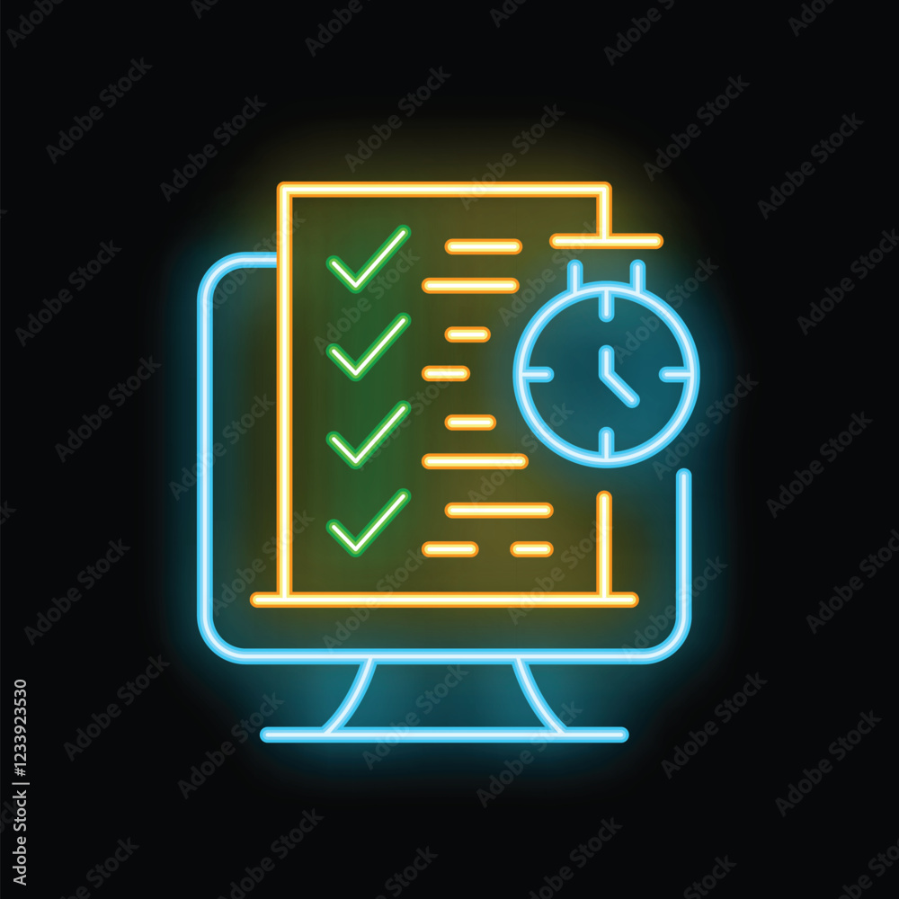 Poster neon sign showing the concept of time management with a checklist and a clock on a computer screen