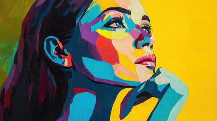 A vibrant pop art portrait of a young woman created through modern paper collage techniques.