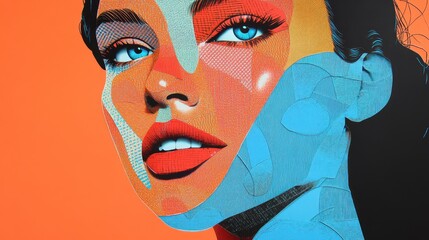 Obraz premium A vibrant pop art portrait of a young woman created through modern paper collage techniques.