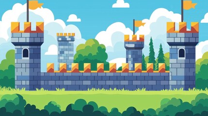 Cartoon Castle Wall with Towers and Flags