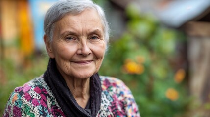 Senior woman with gentle smile in garden setting. Perfect for aging gracefully and wisdom themes.