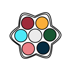 A star-shaped color palette with seven color circles: maroon, yellow, dark green, light blue, gray, pink, and navy blue.