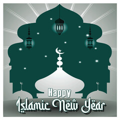 Naklejka premium Happy Islamic New Year Greeting Card Concept with Mosque, Moon, and Lantern.