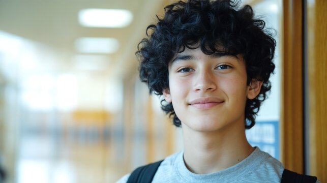 Cheerful Asian student with curly hair in bright hallway. Perfect for diversity in education and positive learning environment themes.