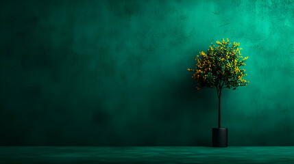 Yellow tree in pot against teal wall; interior design