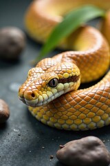 Fototapeta premium Close-up of a vibrant orange and yellow snake, coiled elegantly amidst smooth, dark stones and a single leaf.