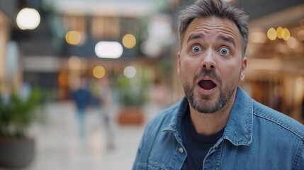 Man with surprised expression in casual denim outfit outdoors. Ideal for genuine emotion and lifestyle content.