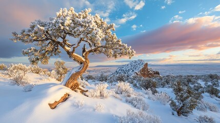Snow-covered juniper tree at sunset, desert landscape, winter