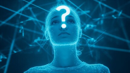Digital hologram of human head with question mark. Ideal for artificial intelligence and technology concept themes.