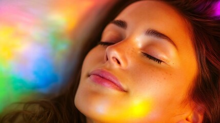 Woman with closed eyes in rainbow light effect. Perfect for wellness and inner peace themes.