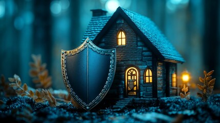 Fototapeta premium Miniature house with protective shield in night scene. Perfect for home security and protection concepts.